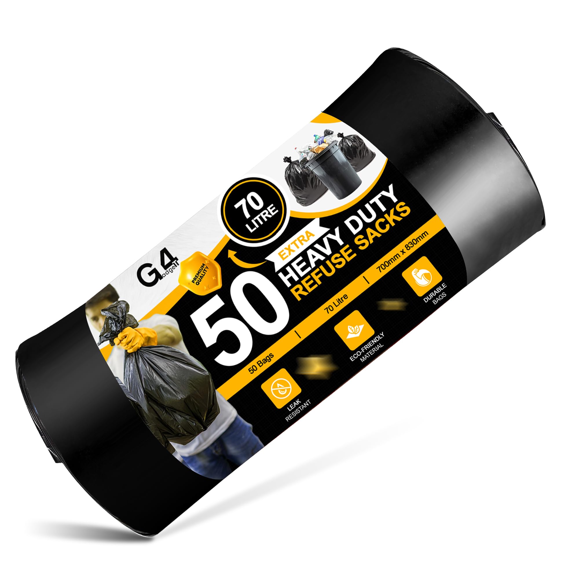 G4GADGET 70L Black Bin Bags - 50 Count Refuse Sacks for Heavy Loads | Recyclable Plastic 1