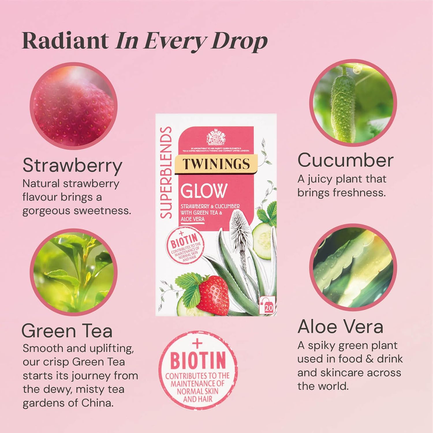 Twinings Superblends Glow Tea - Strawberry & Cucumber Green Tea with Aloe Vera & Biotin (20 Bags) 7
