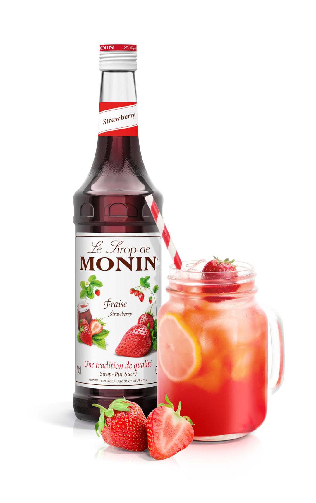 Monin Strawberry Syrup 1L - Premium Beverage Syrup for Cocktails, Mocktails & Milkshakes