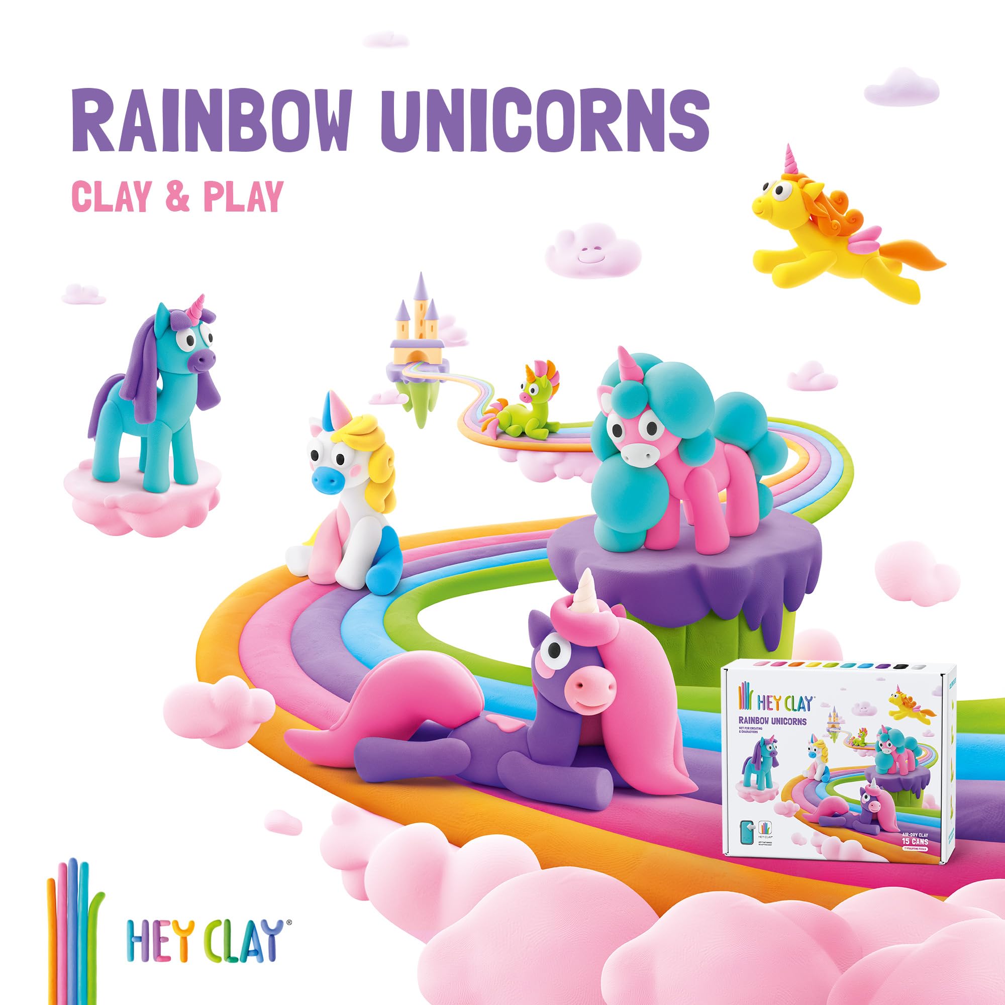 HEY CLAY Rainbow Unicorns Modelling Set - 6 Cans Air Dry Clay | Ages 3+ | Non-Toxic 8