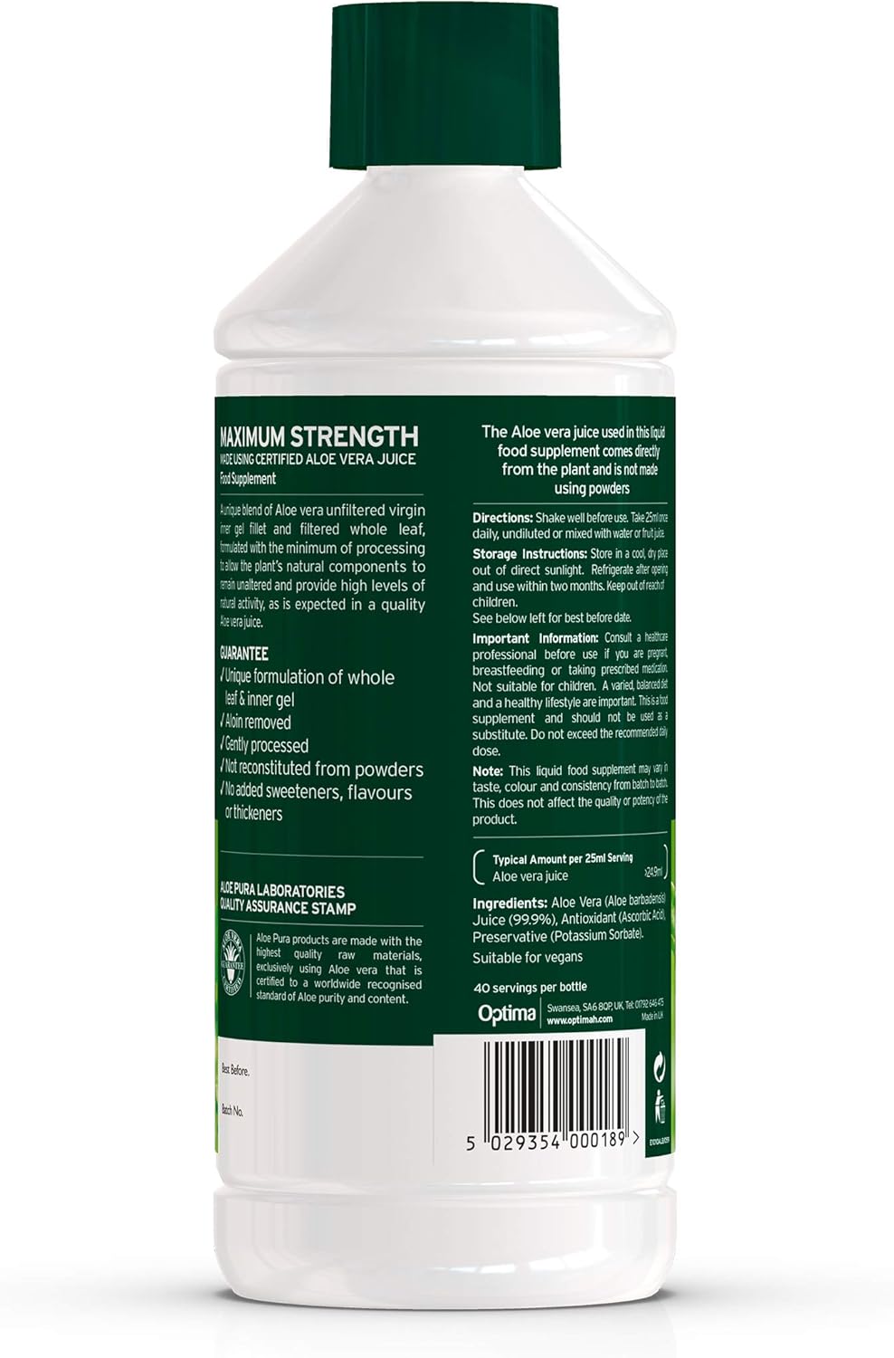 Aloe Pura Aloe Vera Juice Max Strength 1L - Vegan, No Added Sweeteners