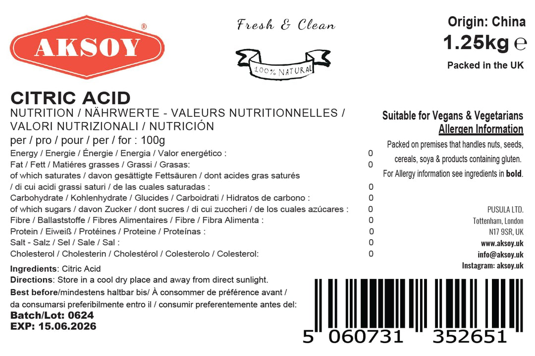 Aksoy - Citric Acid Food Grade 1.25kg | Non-GMO, Anhydrous, for Cooking, Cleaning, Canning & Bath Bombs