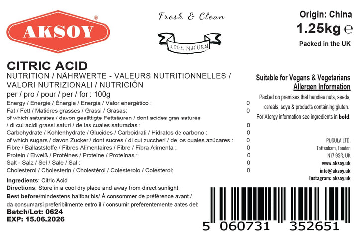 Aksoy - Citric Acid Food Grade 1.25kg | Non-GMO, Anhydrous, for Cooking, Cleaning, Canning & Bath Bombs