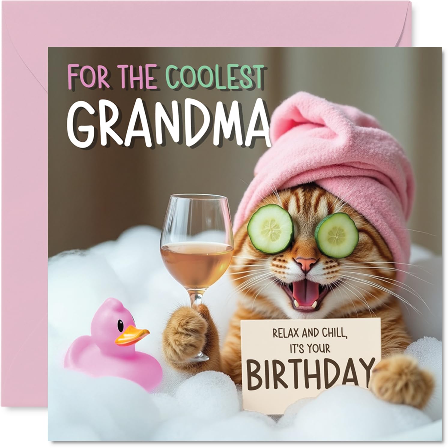 Stuff4 Funny Grandma Birthday Card - Relaxing Bath Cat Design | 145mm x 145mm 1