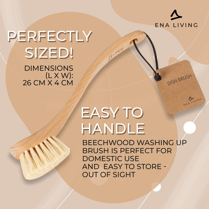 ENA Living Wooden Dish Brush (26x4 cm) | FSC-Certified Beechwood with Horsehair Bristles