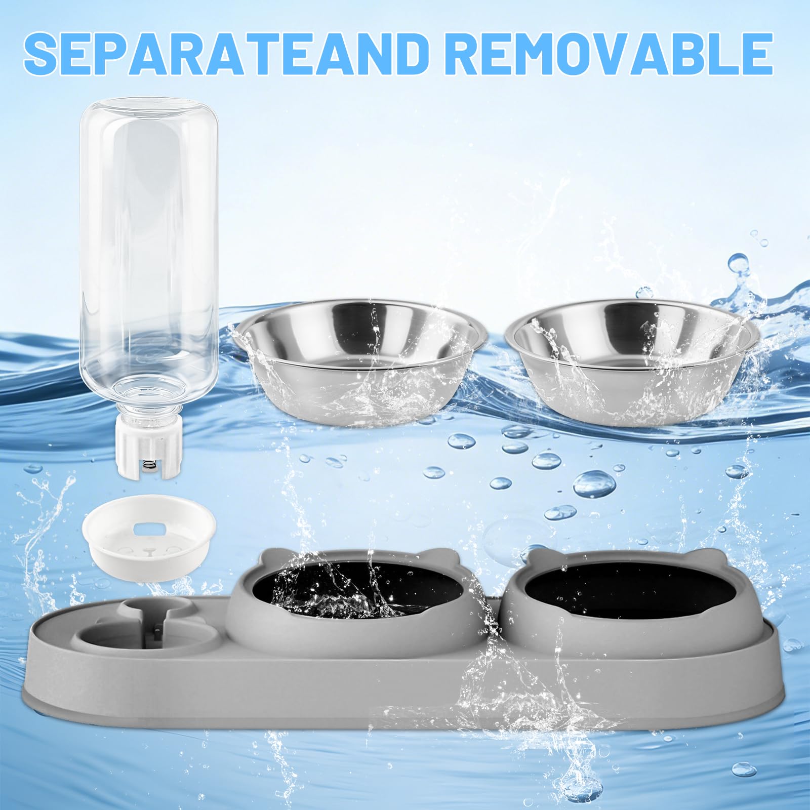 MOXYOY 3-in-1 Raised Cat Food and Water Bowl Set with Automatic Water Replenishment | Grey 7