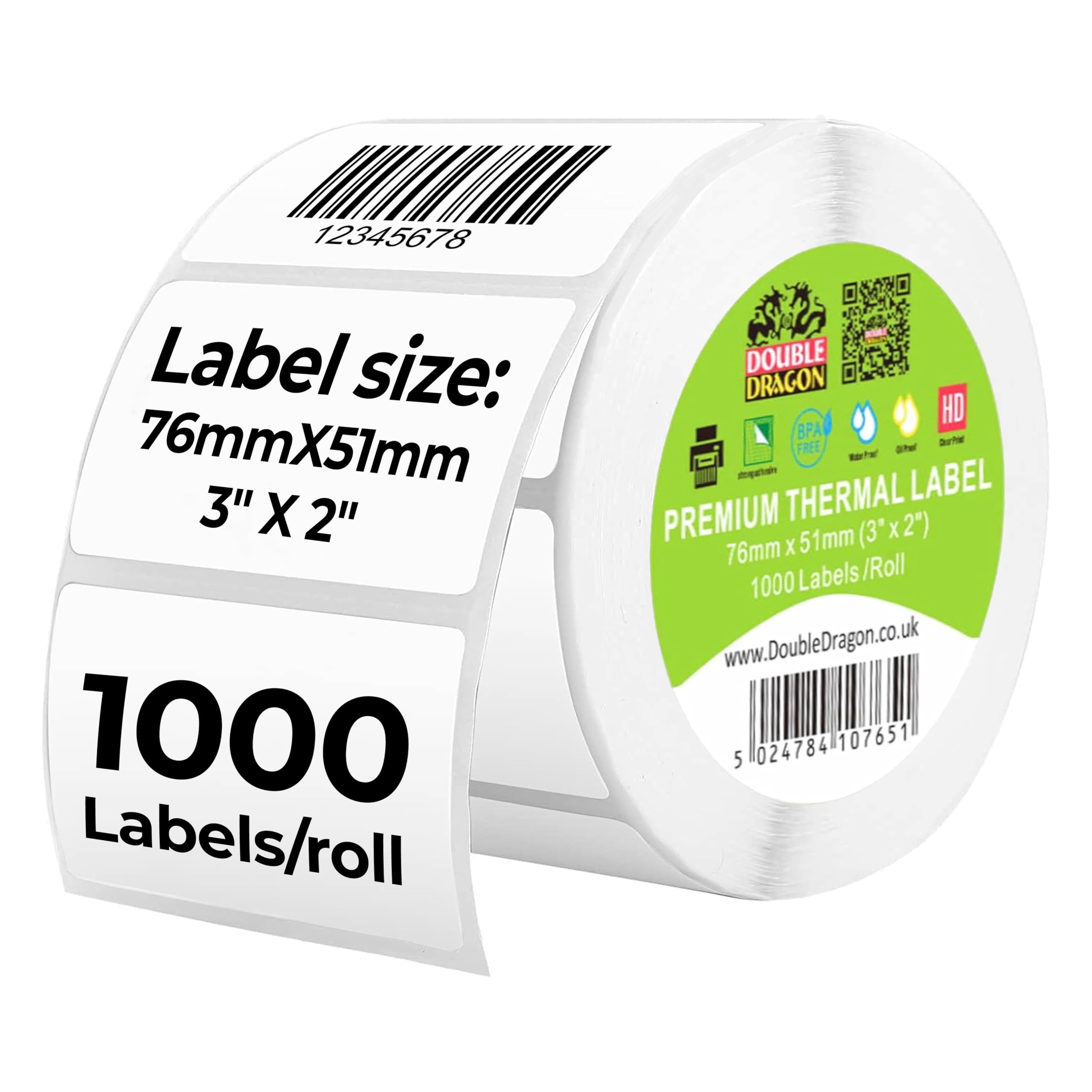Double Dragon Direct Thermal Printer Labels - 1,000 Labels | 76mm x 51mm (3" x 2") | White Coated Paper 1