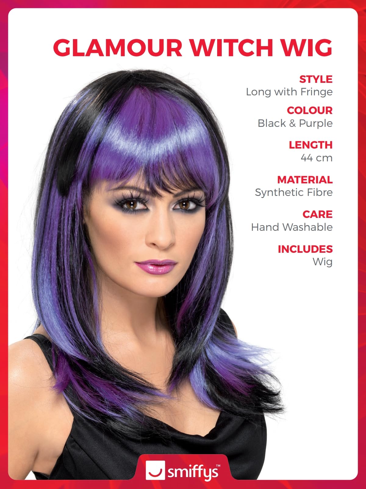 Smiffys Glamour Witch Black and Purple Long Wig with Fringe, One Size 2