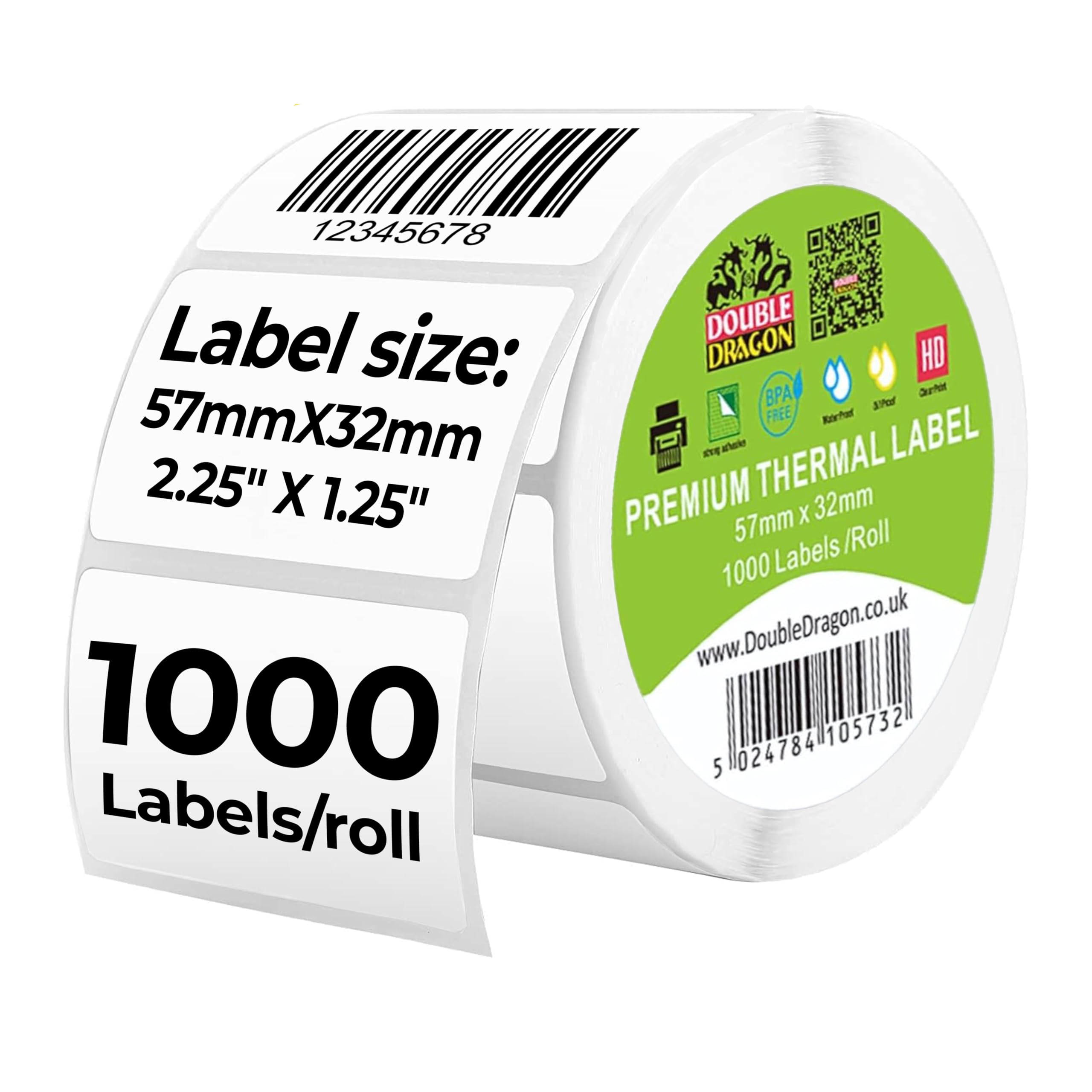 Double Dragon Direct Thermal Printer Labels - 57mm x 32mm, 1000 Labels per Roll, White 1
