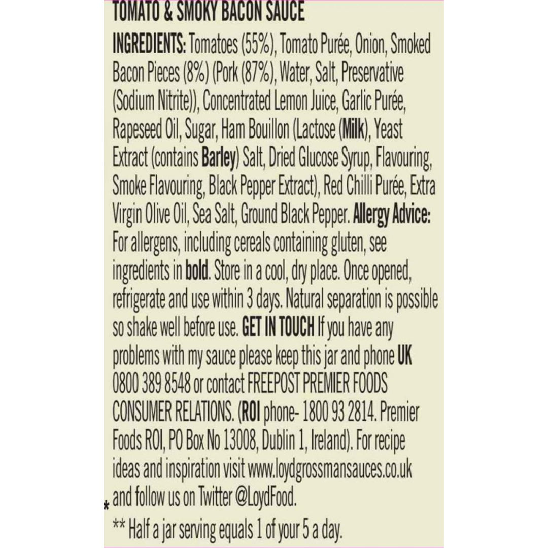 Loyd Grossman Italian Tomato & Smoked Bacon Sauce – Rich Tomato Base with Smoked Bacon & Red Chilli, 350g