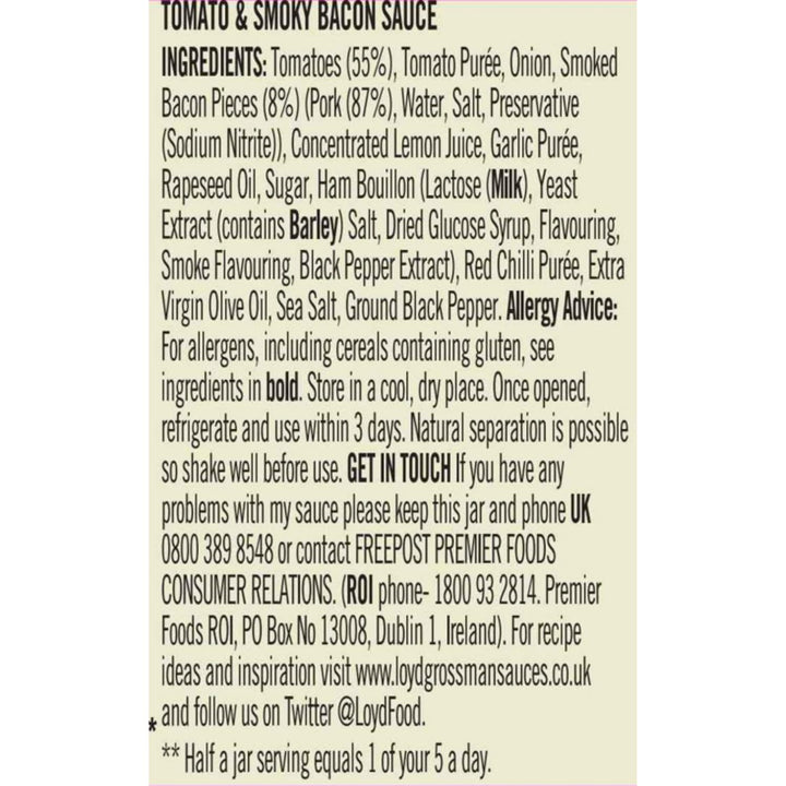 Loyd Grossman Italian Tomato & Smoked Bacon Sauce – Rich Tomato Base with Smoked Bacon & Red Chilli, 350g