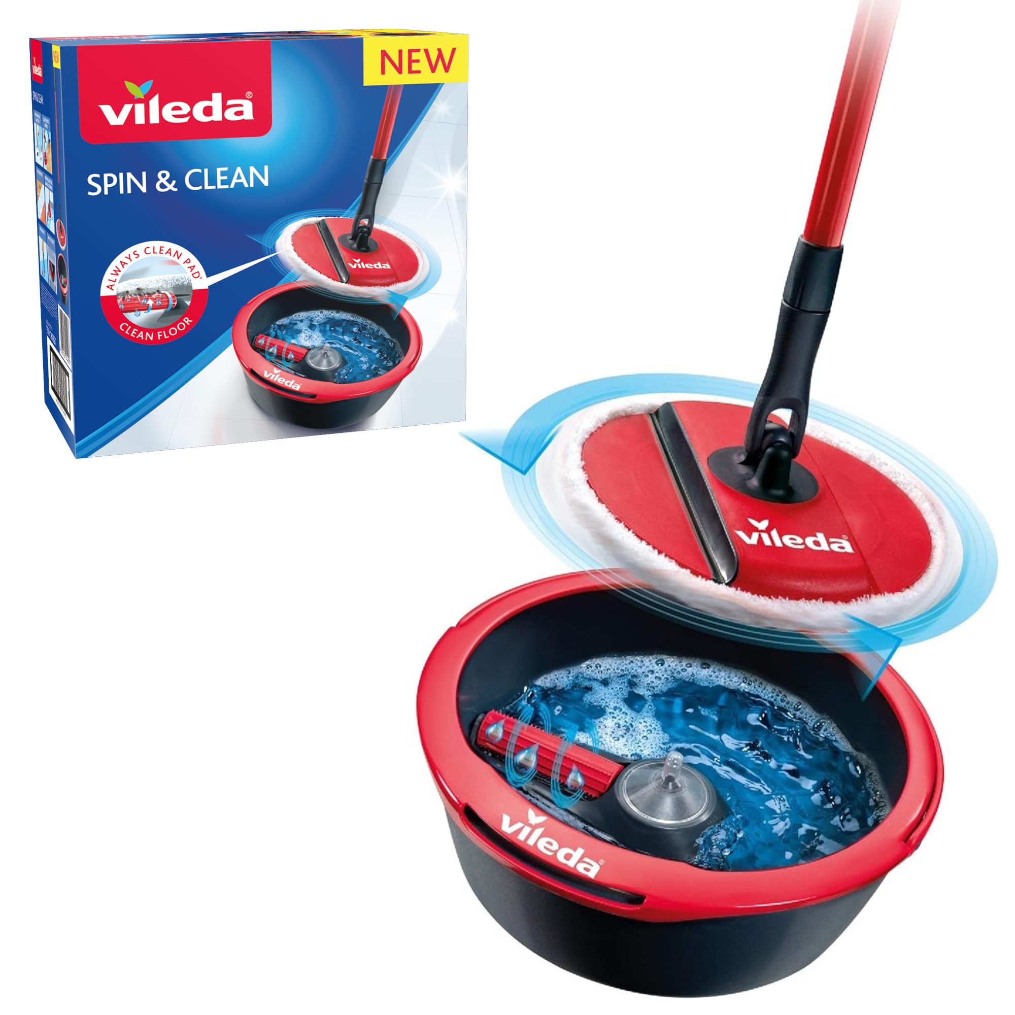 Vileda Spin & Clean Floor Mop and Bucket Set - Removes 99.9% Bacteria | Machine Washable Pad