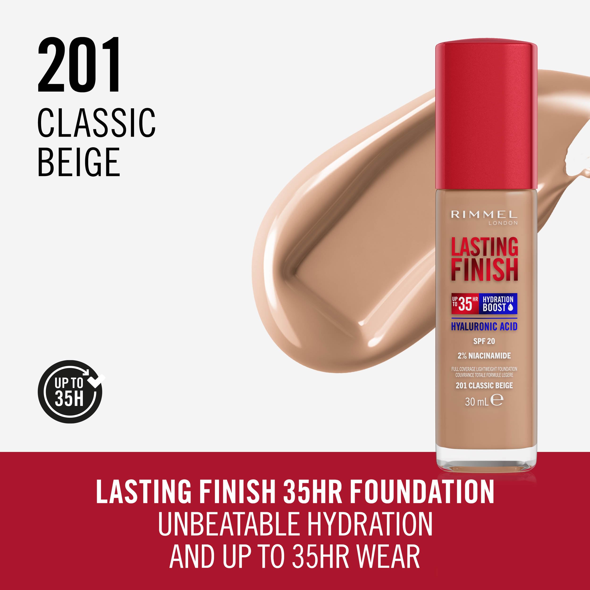 Rimmel Lasting Finish 35Hr Foundation - Full Coverage, Hydrating, SPF20, 30ml, 201 Classic Beige