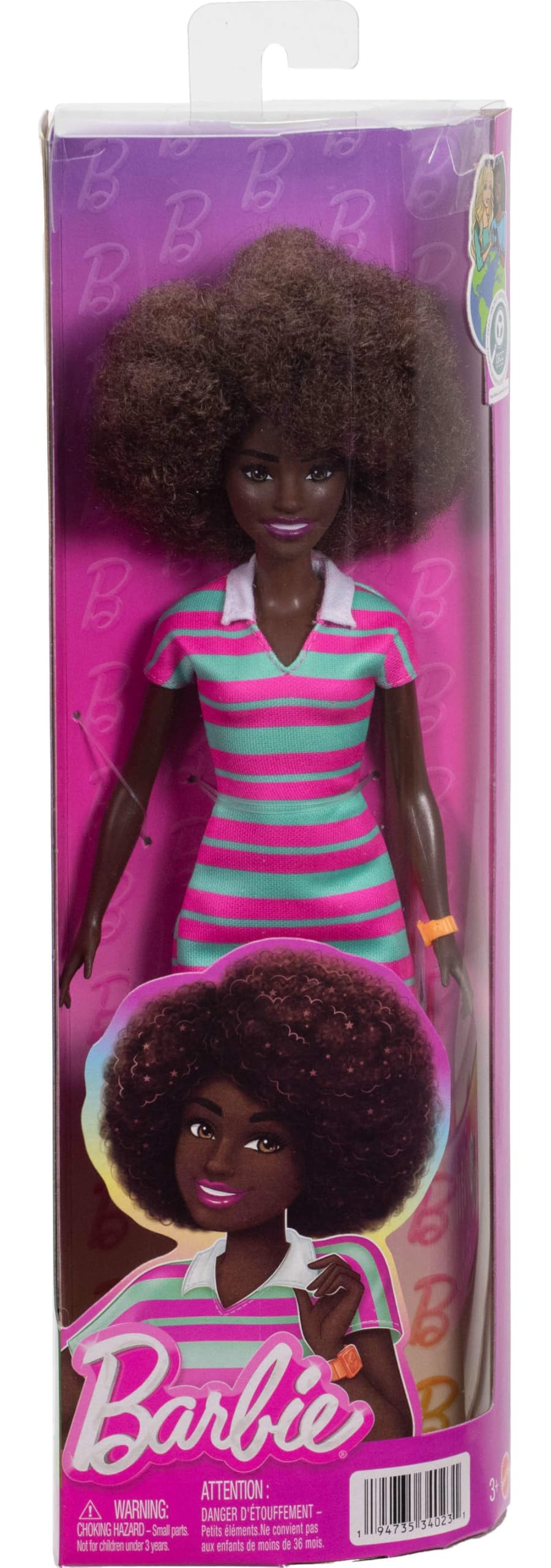Barbie Fashionistas Doll #247 with Curly Black Hair, Pink and Green Striped Dress | 11.73 in 6
