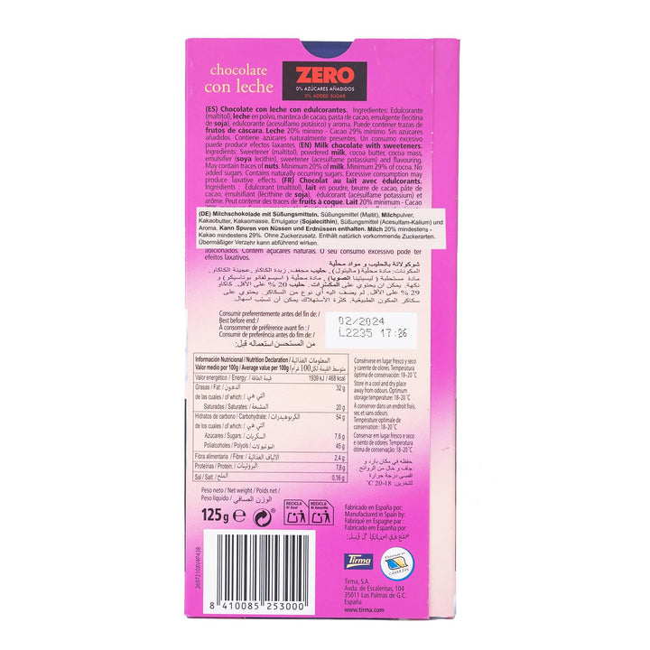 Tirma - Zero No Added Sugars Milk Chocolate Bar | Gluten Free | Made in Spain