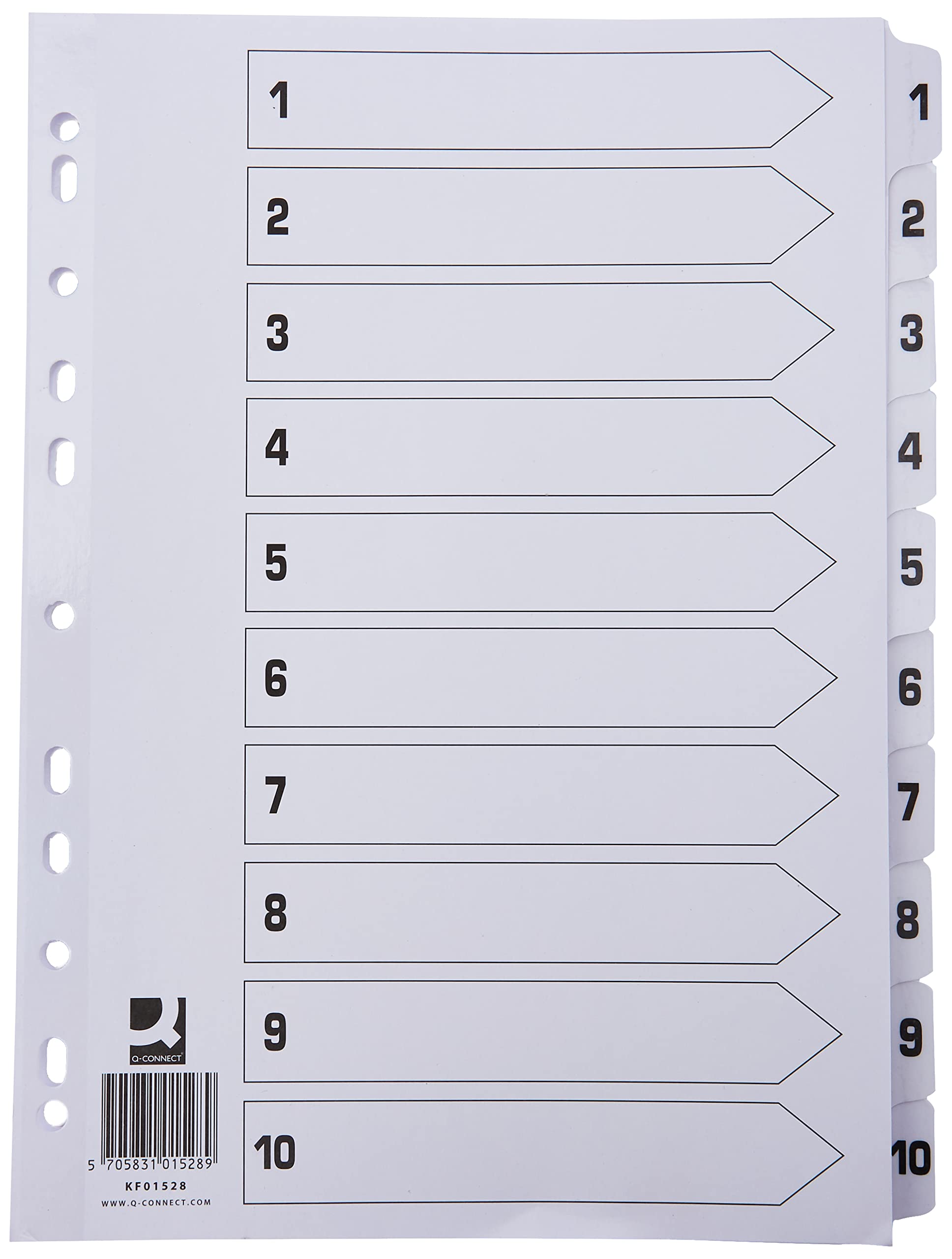 Q-Connect KF01528 A4 Index Divider Set - 1-10 Numbered Tabs, White Board, Clear Tabs | Multi-Punched 1