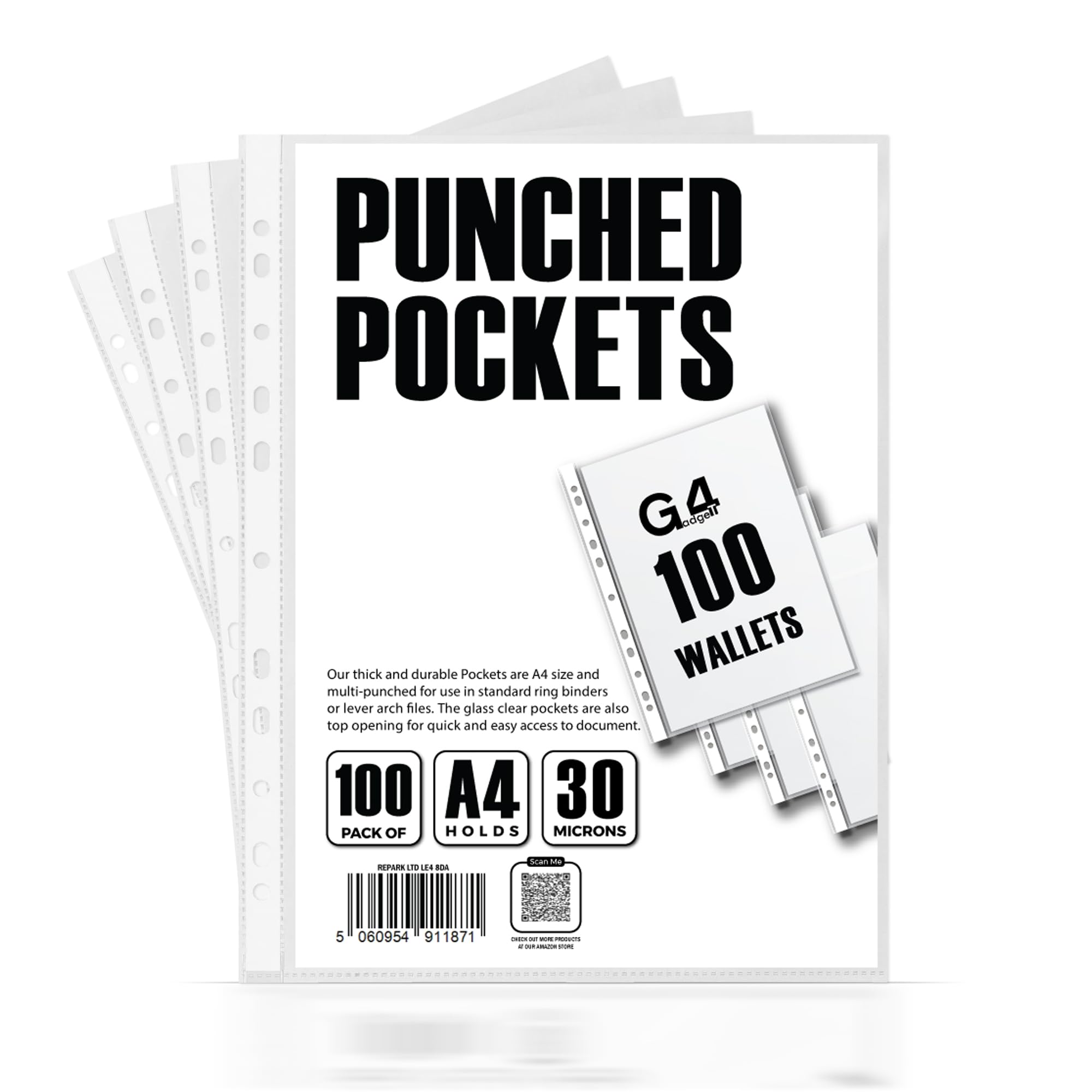 G4GADGET 100 Pcs A4 Plastic Punched Pockets - 30 Micron Clear Textured Finish for Filing 1