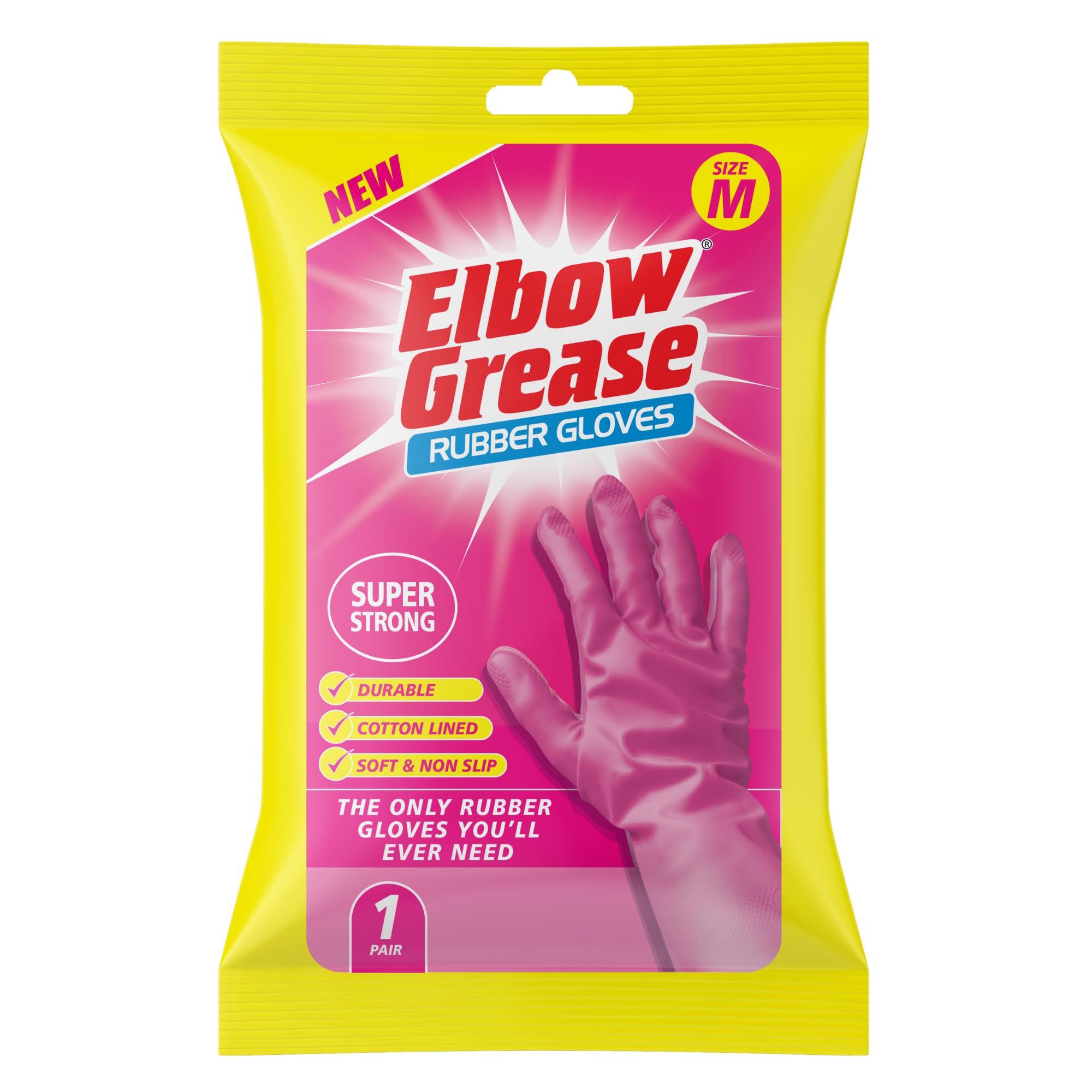 Elbow Grease Pink Rubber Gloves - Super Strong, Cotton Lined, Non-Slip Grip | Size M