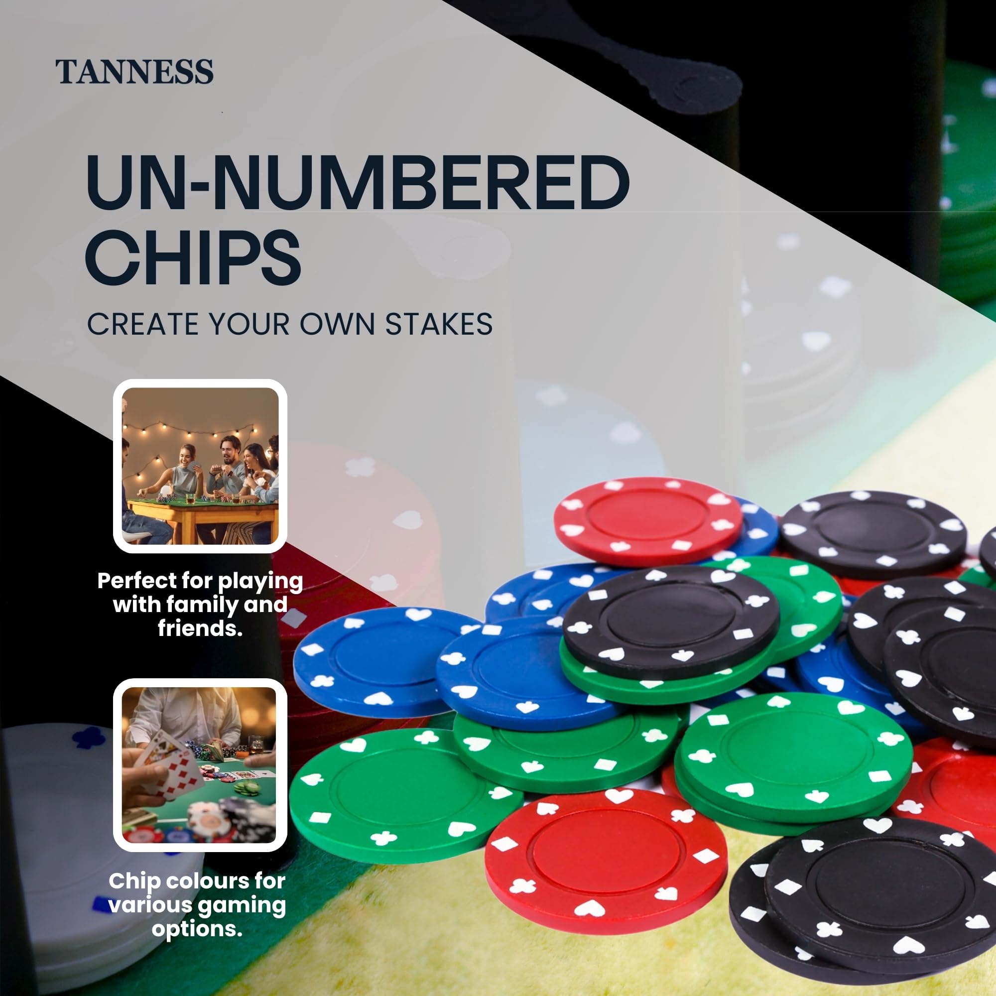 TANNESS 200 Pcs Poker Set - Non-Denominated Chips, Metal Case, Includes Dice & Cards 6