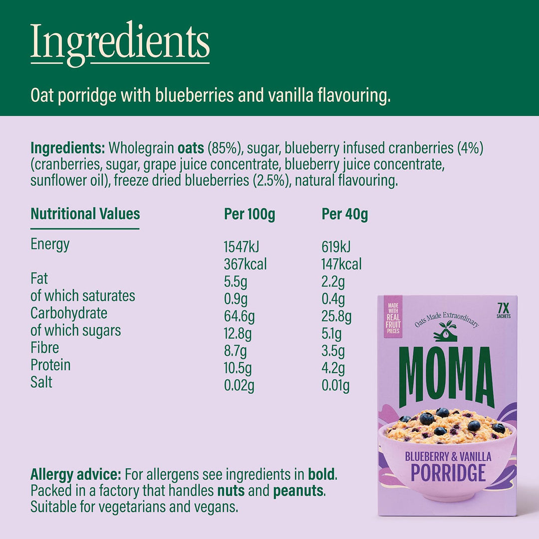 MOMA Blueberry & Vanilla Porridge Sachets - 7 x 40g - Made with British Oats