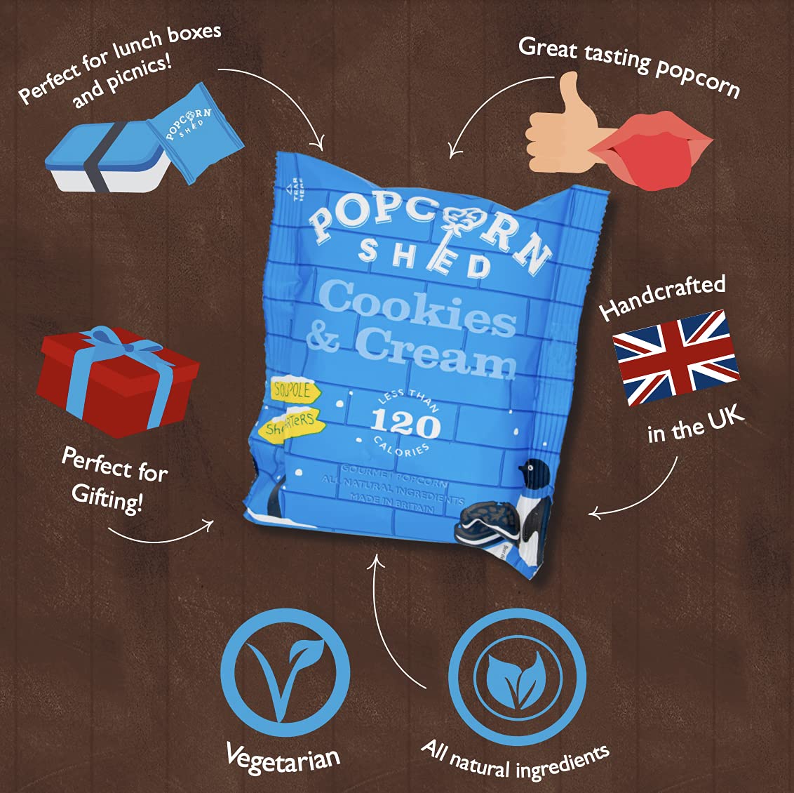 Popcorn Shed Cookies &amp; Cream Popcorn-Snackpackung – handgefertigter natürlicher vegetarischer Snack, 24 g 3