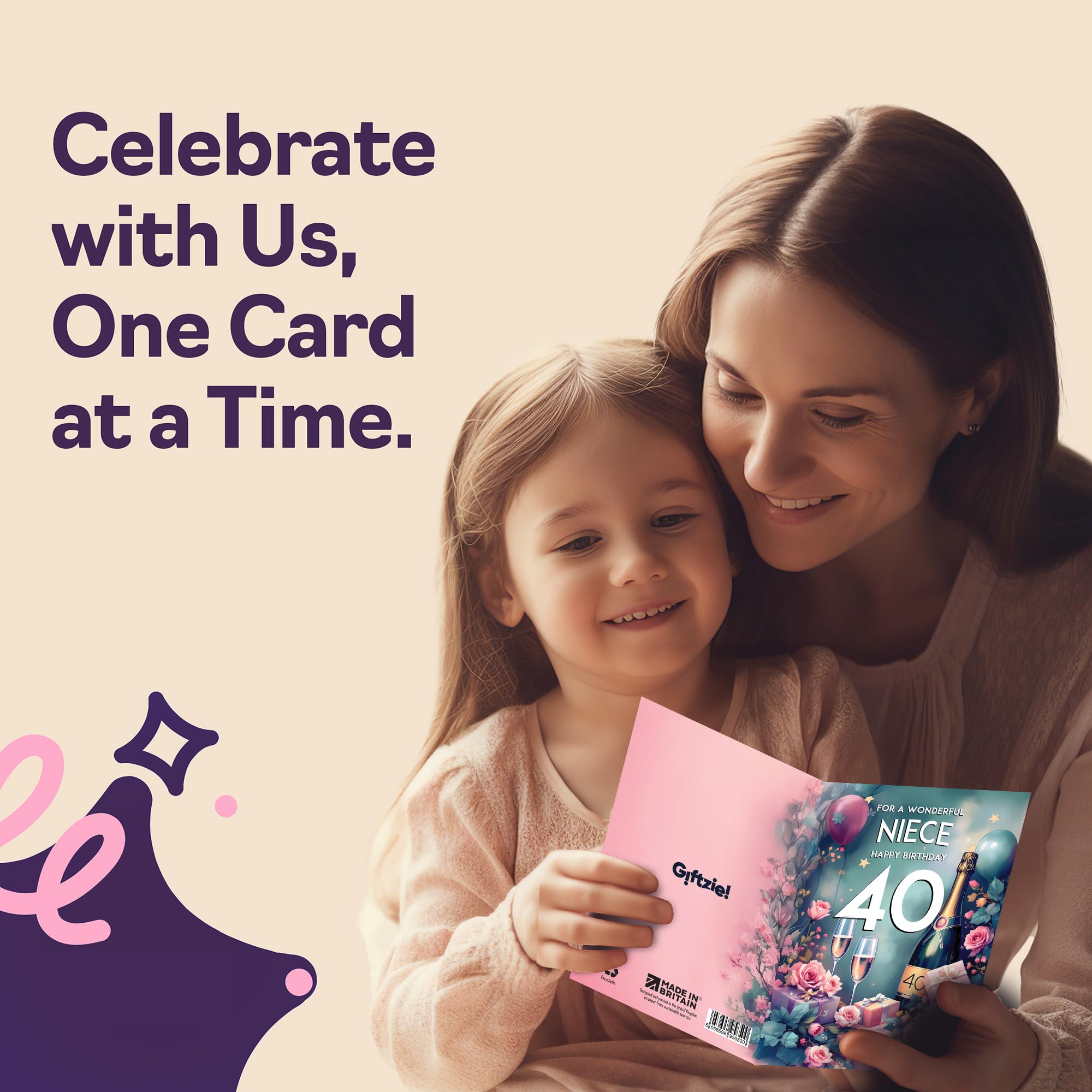 Giftzie 40th Birthday Card for Niece | 5x7 Inch Greeting Card with Envelope | Pink Presents & Champagne Design 4