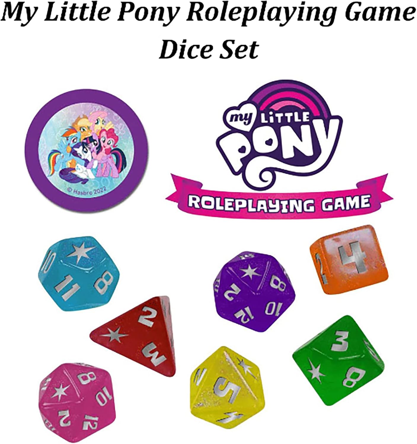 Renegade Game Studios My Little Pony Rollenspiel-Würfelset – 8-teiliges RPG-Zubehör mit Themenwürfeln und Münze 6