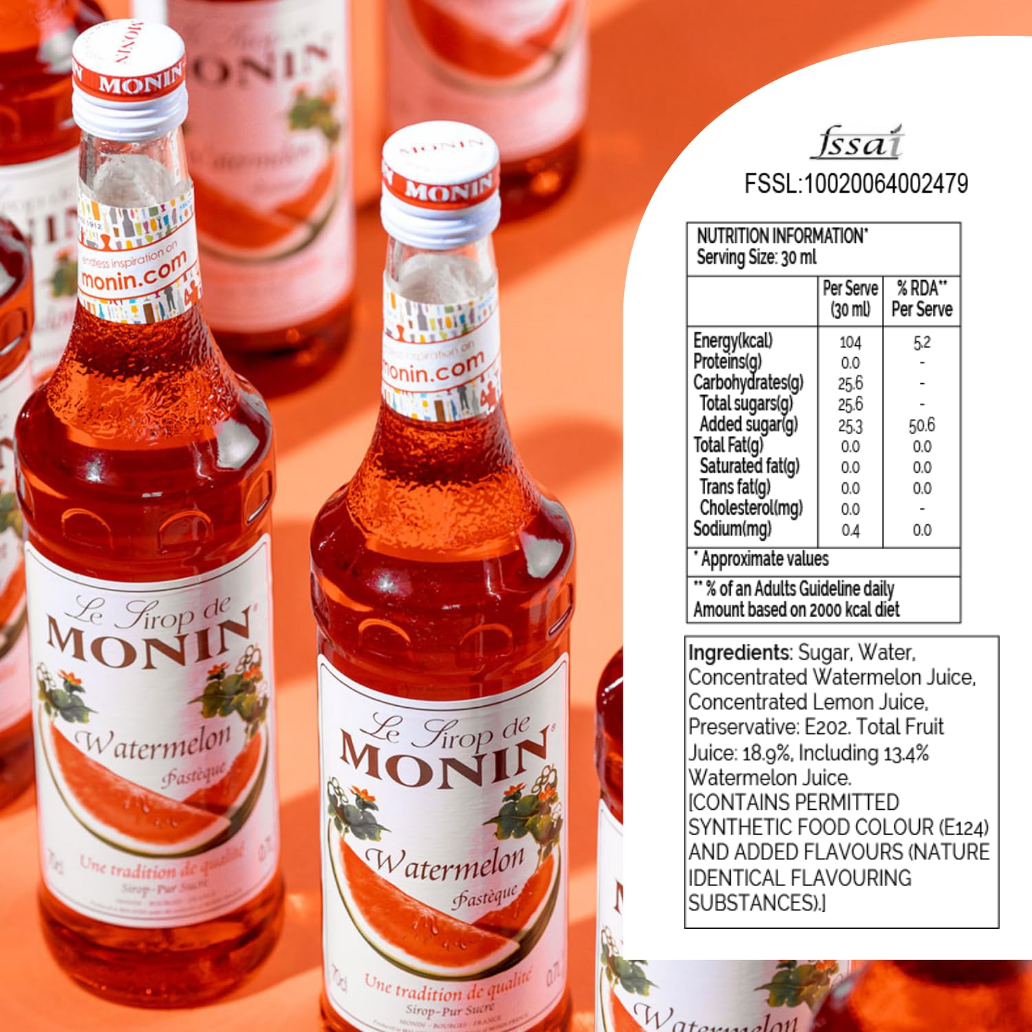 MONIN Wassermelonensirup 700 ml – Vegan, Halal, Koscher – Natürlicher Geschmack, allergenfreier Getränkesirup 7