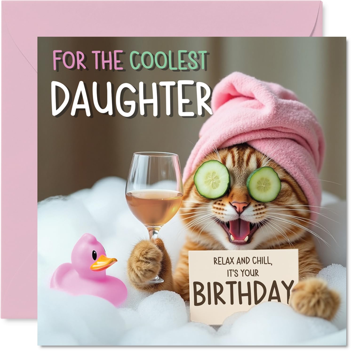 Stuff4 Funny Daughter Birthday Card - Relaxing Bath Cat Design | 145mm x 145mm 1