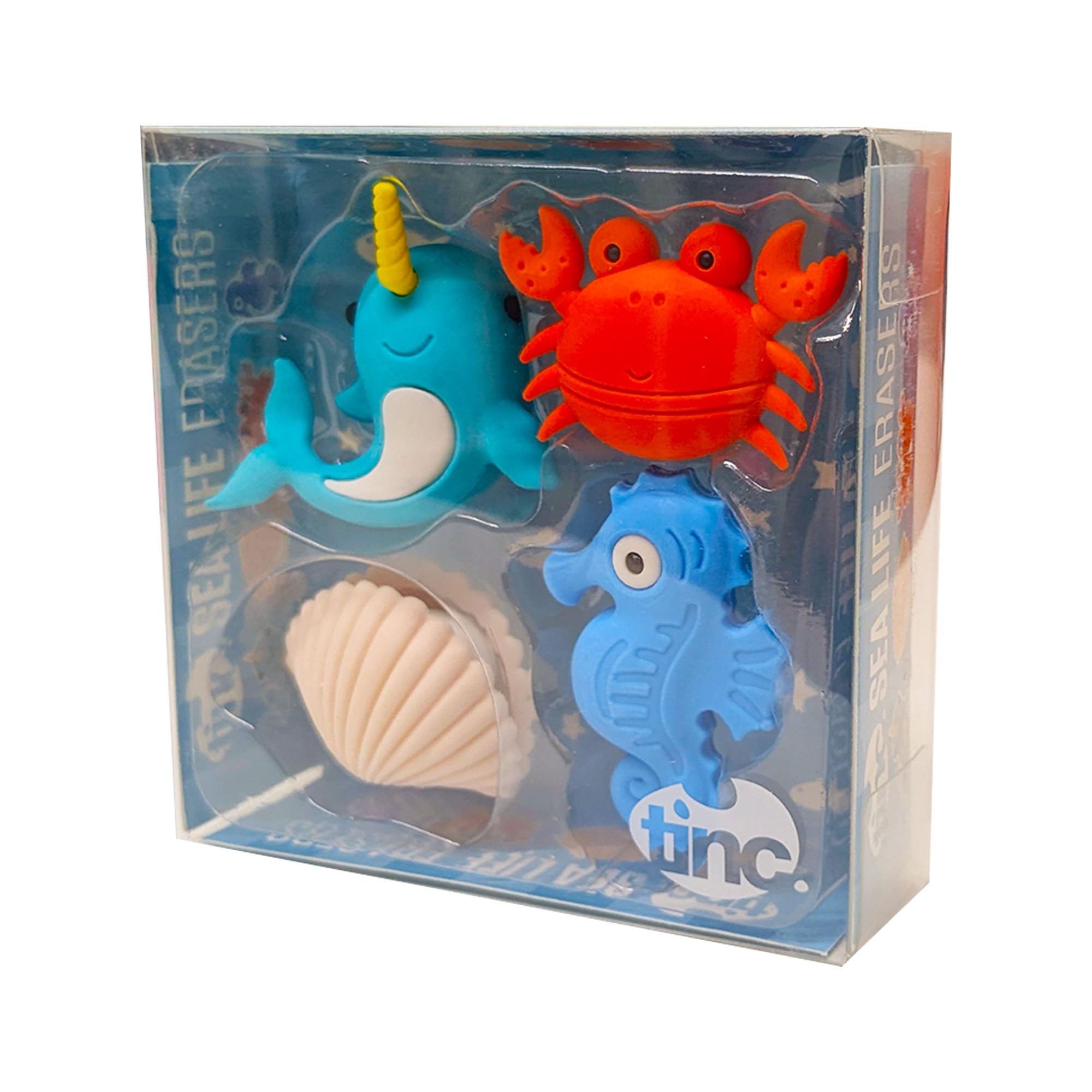 Tinc Sealife Erasers Collection Pack - Narwhal, Crab, Clam & Pearl, Seahorse Pencil Erasers 1