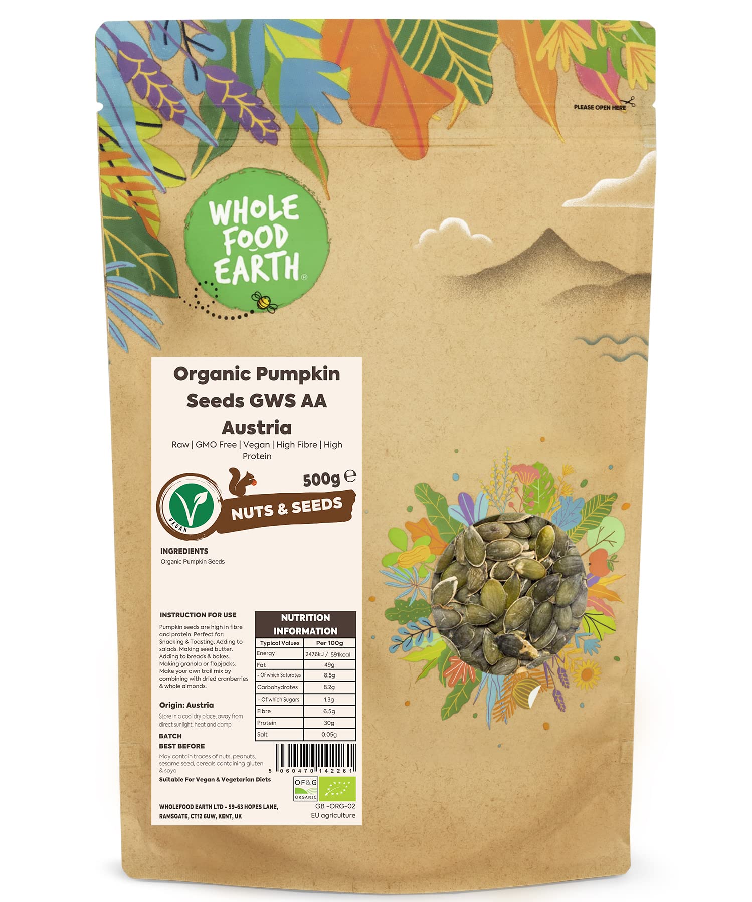 Wholefood Earth Organic Pumpkin Seeds Raw, AA Grade | 500g | GMO Free | Austria