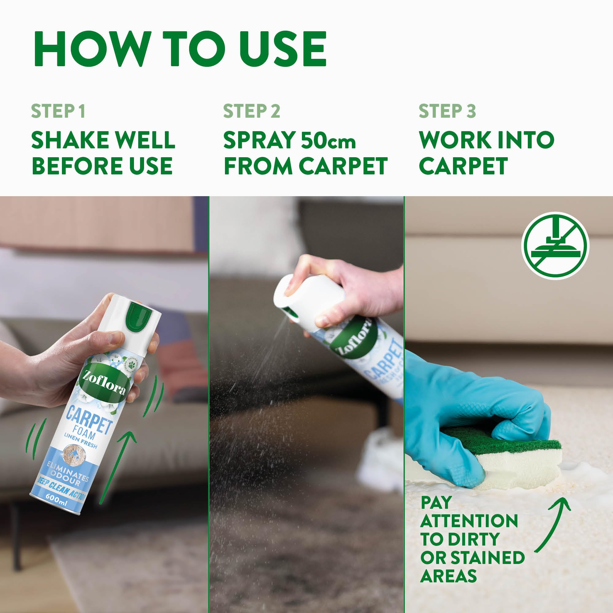Zoflora Linen Fresh Carpet Freshener & Care Foam, 600ml - Carpet Cleaner with Deep Clean Action & Odor Elimination 5