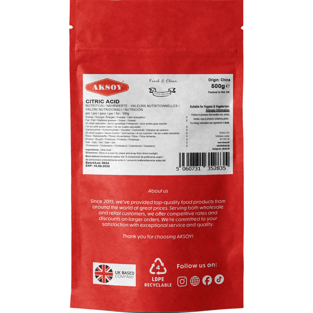 Aksoy - Citric Acid Food Grade 500g | Non-GMO, for Bath Bombs, Cleaning, Canning & Sour Drinks
