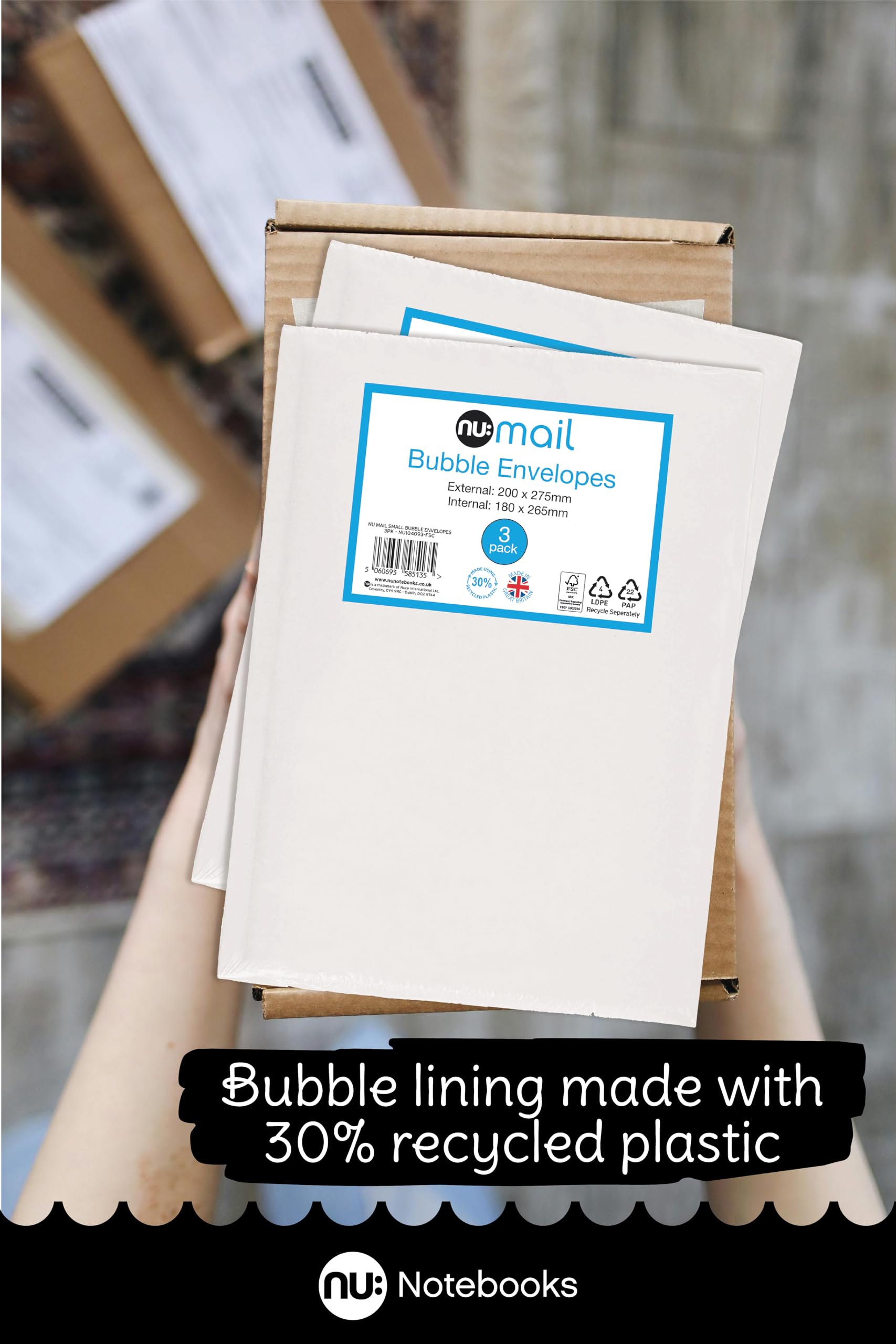 nu: Small Padded Bubble Envelope Mailers - 3 Pack | Self Seal | 30% Recycled Lining 6