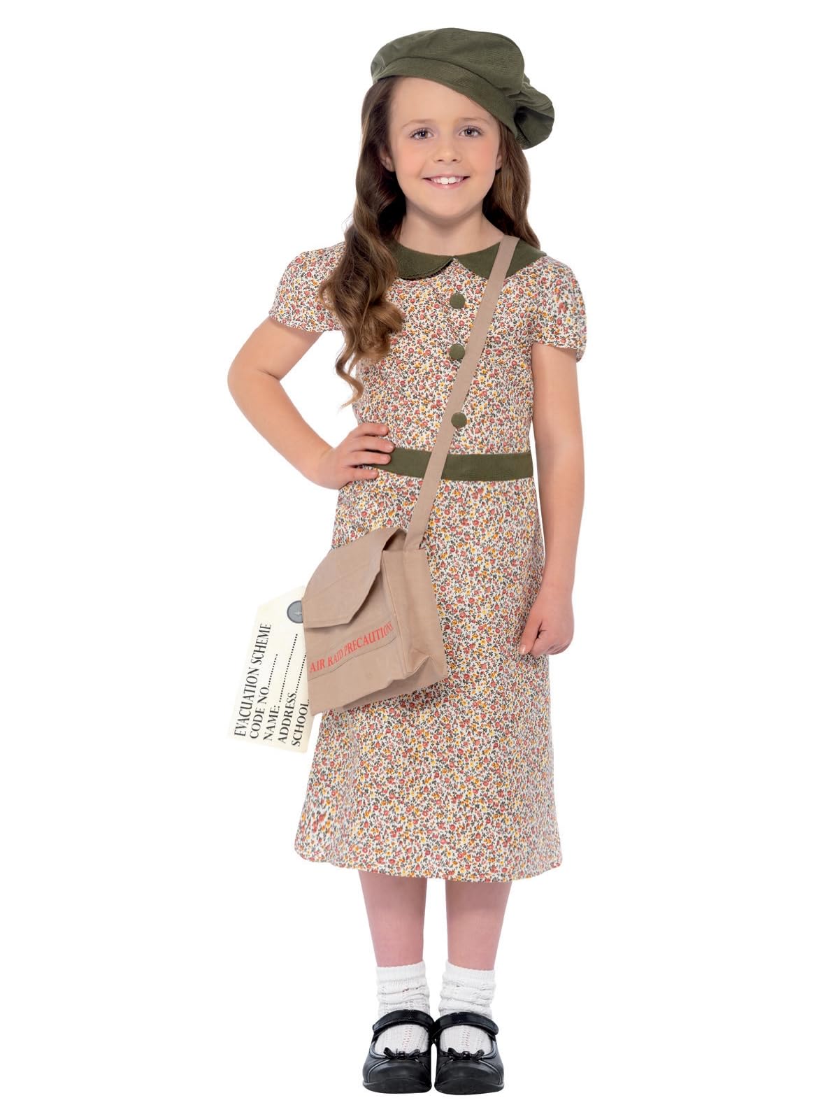 Smiffys Evacuee Girl Costume - 1940s Patterned Dress with Satchel, ID Tag & Beret, Ages 10-12 1