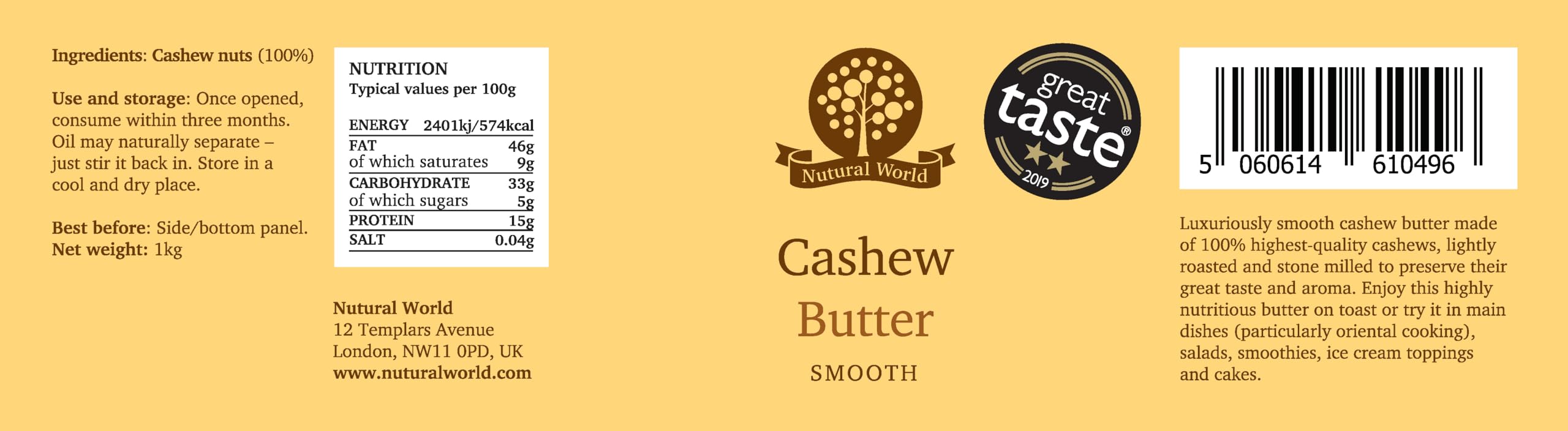 Nutural World Smooth Cashew Nut Butter - 1kg | Great Taste Award Winner | Single Ingredient