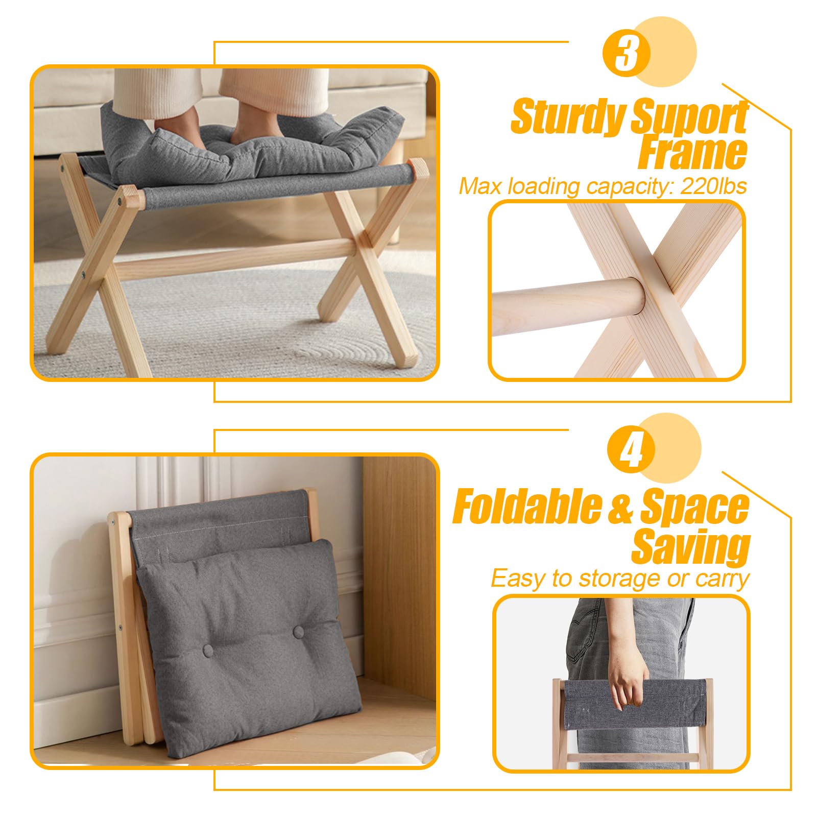 ASelected 40 cm Folding Footrest Stool - Wood Footstool for Living Room, Bedroom, Office 11