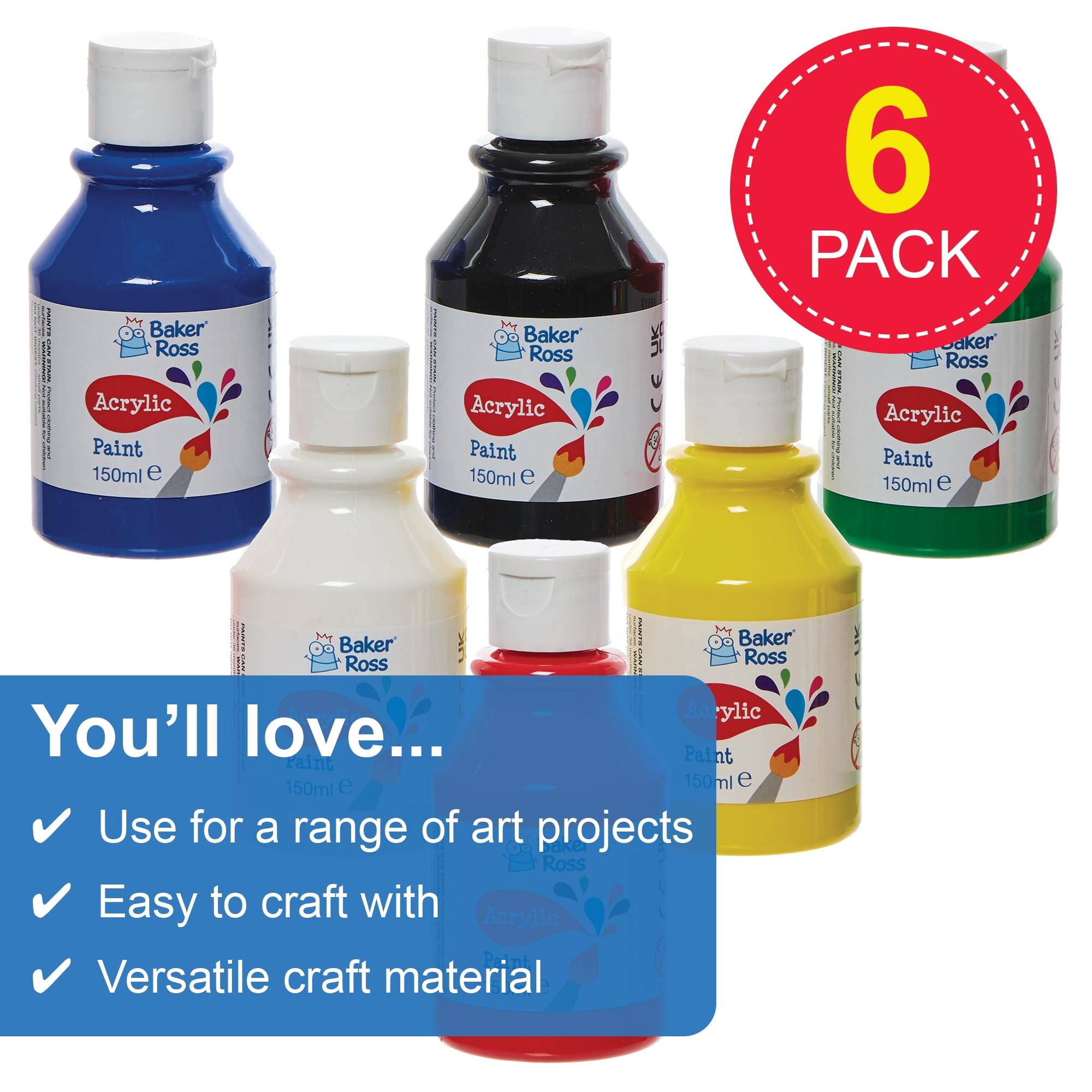 Baker Ross Primary Colours Acrylic Paints - 6 Pack, 150ml Bottles | Water-Based & Washable