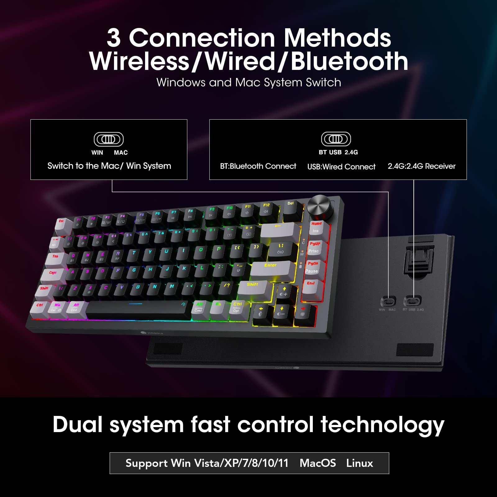 KOORUI MK082 82-Key Mechanical Gaming Keyboard - RGB Backlit, Wireless/Wired, 3-Mode Connectivity 9