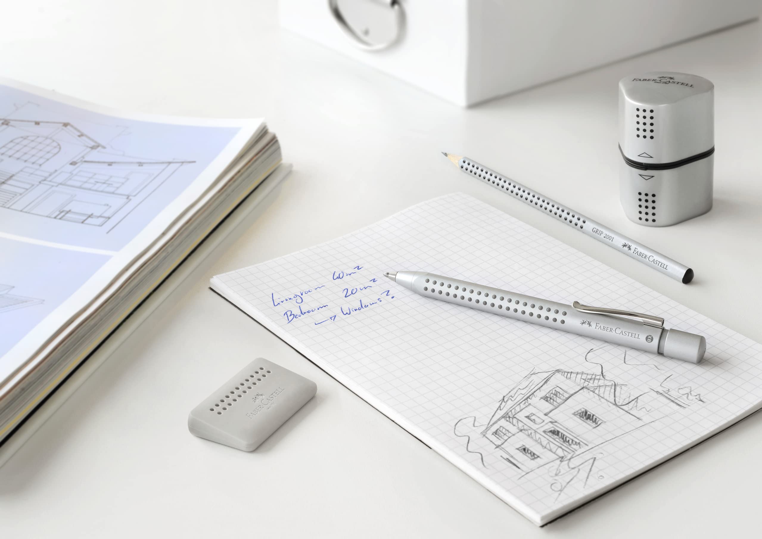 Faber-Castell Trio Pencil Sharpener - GRIP 2001 | Silver | For Graphite & Jumbo Pencils 4