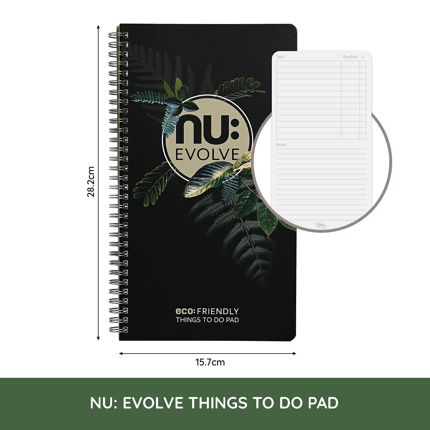 nu: Evolve Things to Do Pad Wirebound Notebook - Recycled, 80gsm Paper, Black | 120 Pages