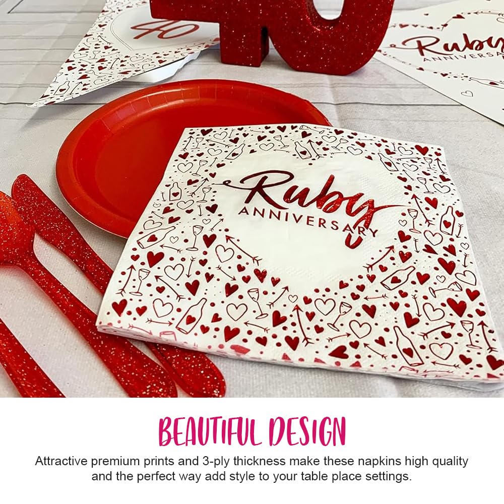 Anniversary House Ruby 40th Anniversary Lunch Napkins - 3 Ply Paper | 16 Count | 13 Inch 3