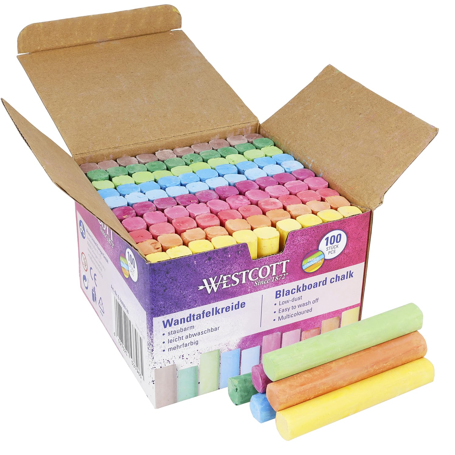 Westcott Coloured Chalk - 100 Pieces in 10 Vibrant Colours | 1.2 cm Diameter