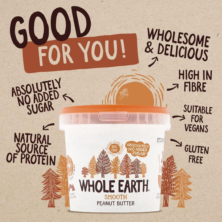 Whole Earth Smooth Peanut Butter, All Natural, No Added Sugar, 1kg Tub
