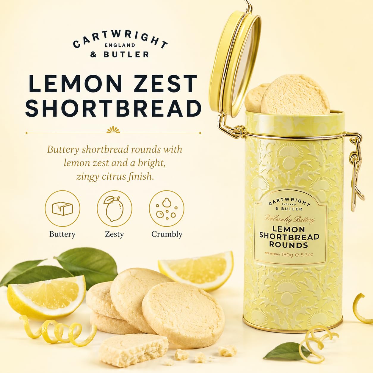 Cartwright & Butler Lemon Zest Shortbread Rounds - Buttery & Crumbly | 150g Tin 2
