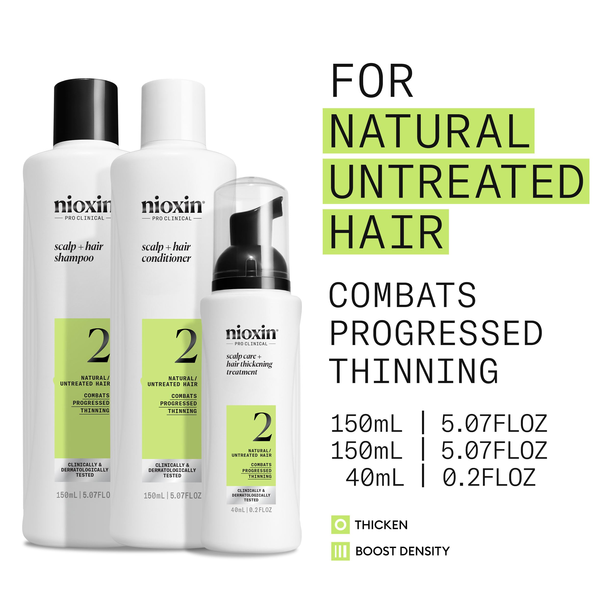 NIOXIN System 2 Kit - Hair Thickening System for Natural Hair with Progressed Thinning | Shampoo, Conditioner & Scalp Treatment (150ml+150ml+40ml)