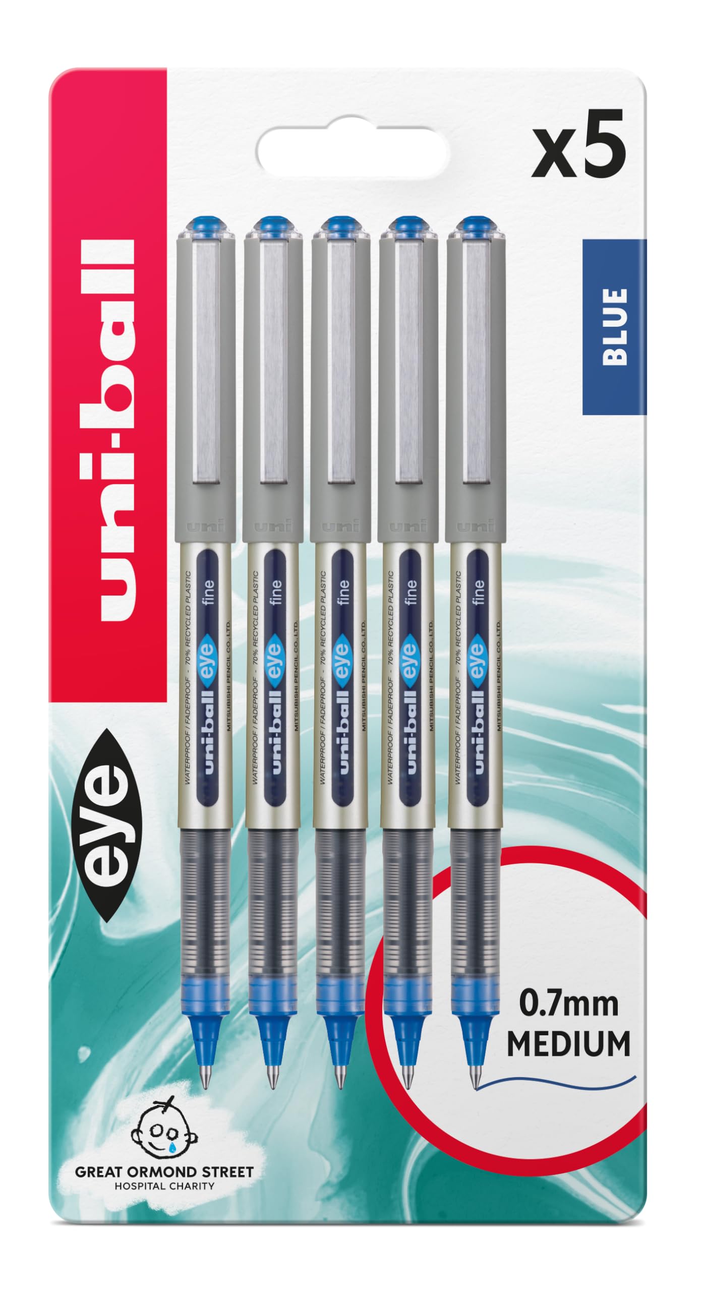 uni-ball Eye Rollerball Pens - Blue Ink, 0.7mm Fine Tip, Pack of 5 | Fade Resistant Super Ink 1