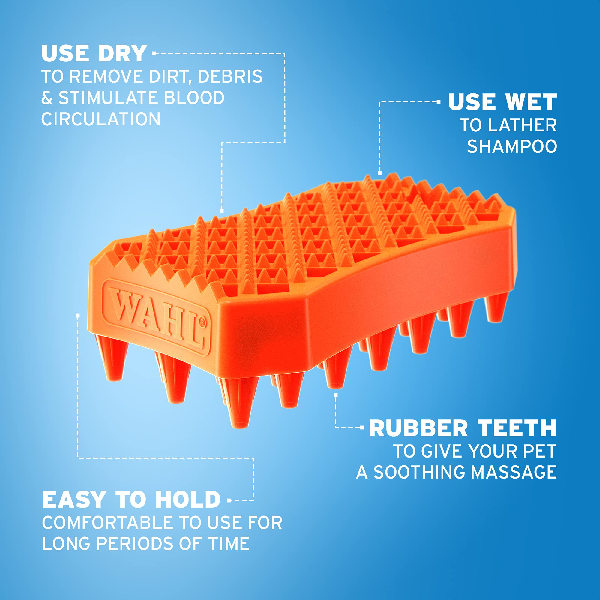 Wahl Pet Sheddy Rubber Brush - 5-in-1 Dual-Head Grooming Tool for Wet/Dry Use | Orange