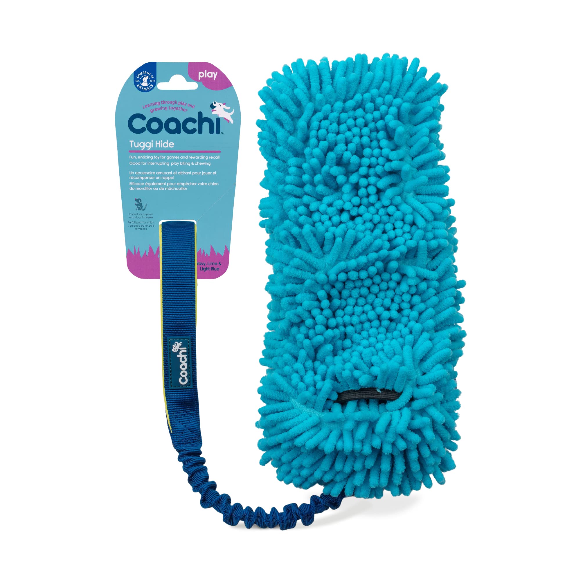 Coachi Tuggi Hide Interactive Dog Chew Toy - Strong Bungee & Neoprene Handle | Navy, Lime, Light Blue