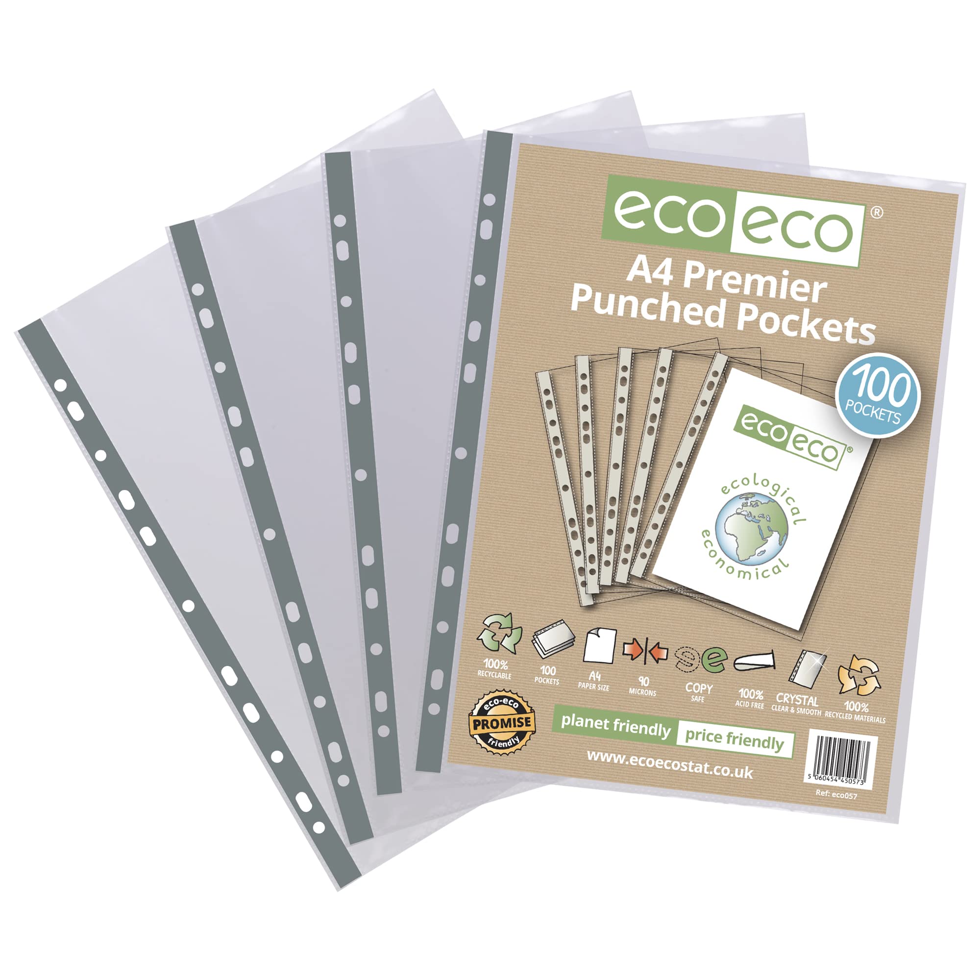 eco-eco Premier File Pockets - A4 Size, Glass Clear, 100 Pack | 100% Recycled 1